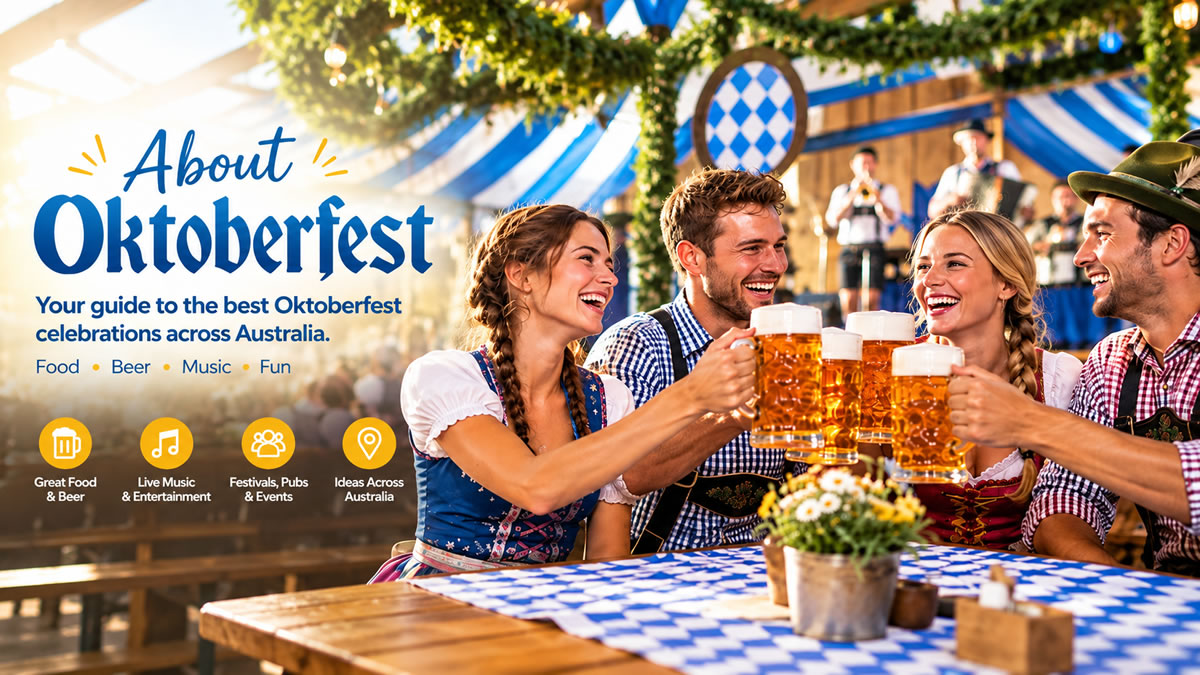 Friends raising beer steins at a lively Oktoberfest celebration in Australia with traditional Bavarian food, music and entertainment.