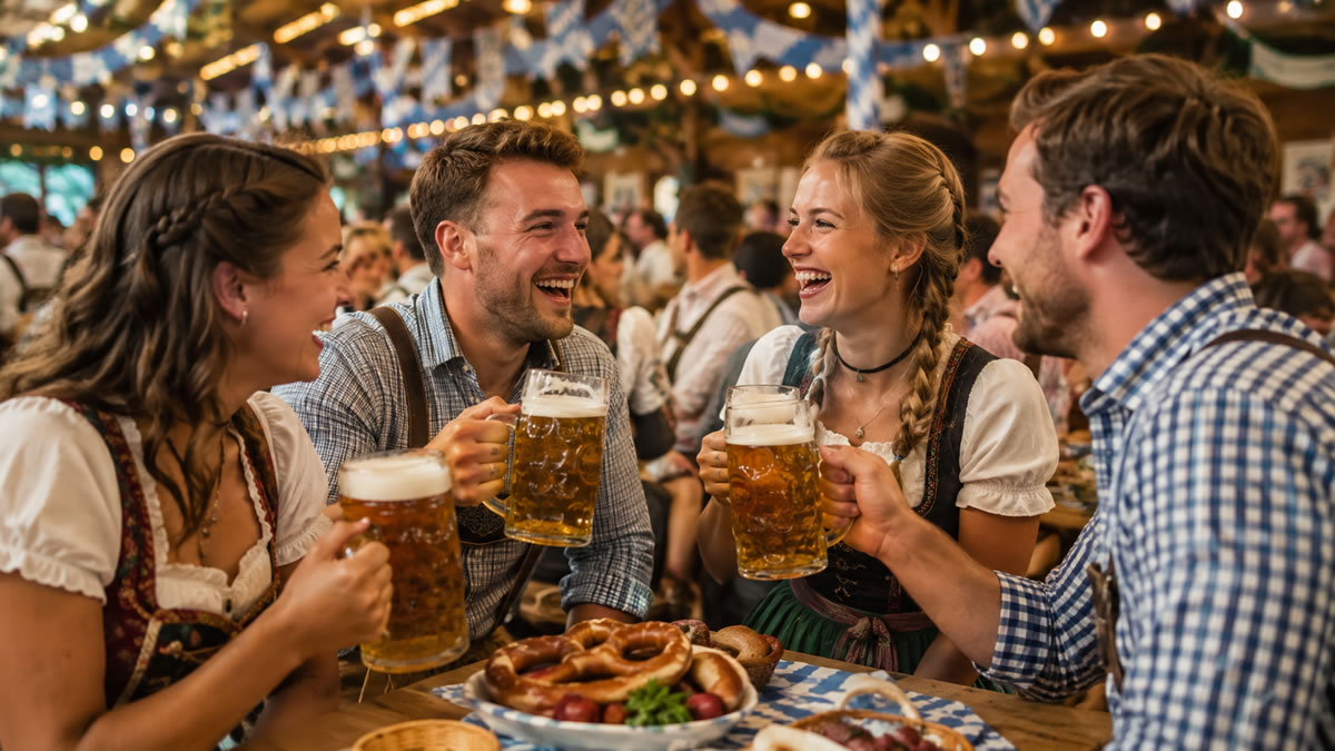 Friends in Bavarian-style dress enjoying beer and food together at an Oktoberfest celebration in Australia.