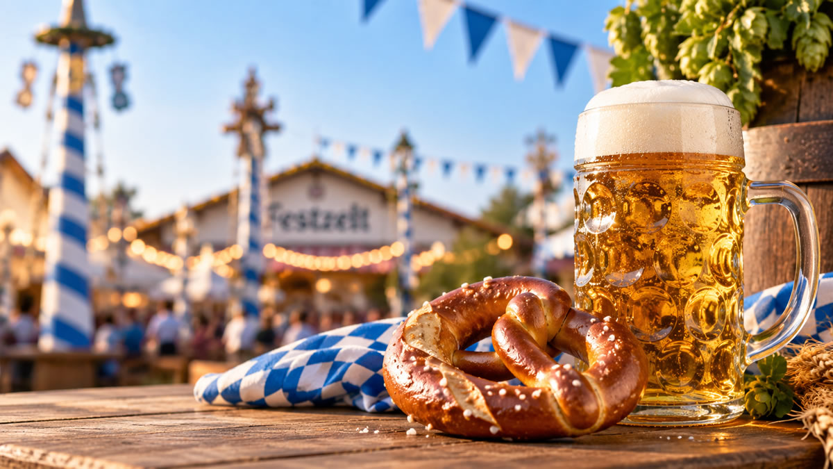 Oktoberfest beer stein and pretzel with Bavarian decorations at a festive Oktoberfest celebration.
